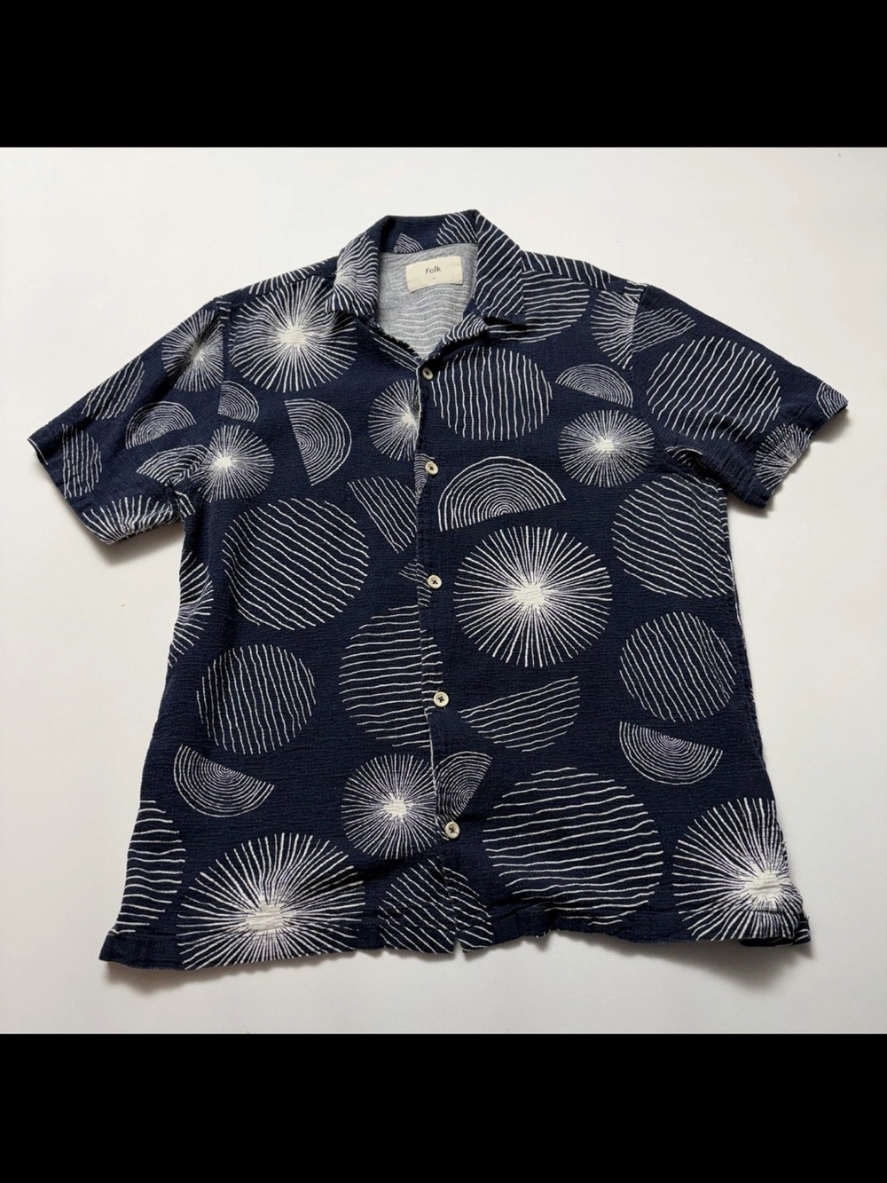 Folk Button Up Shirt Mens M Navy Blue White Abstract Geometric Pattern Cotton